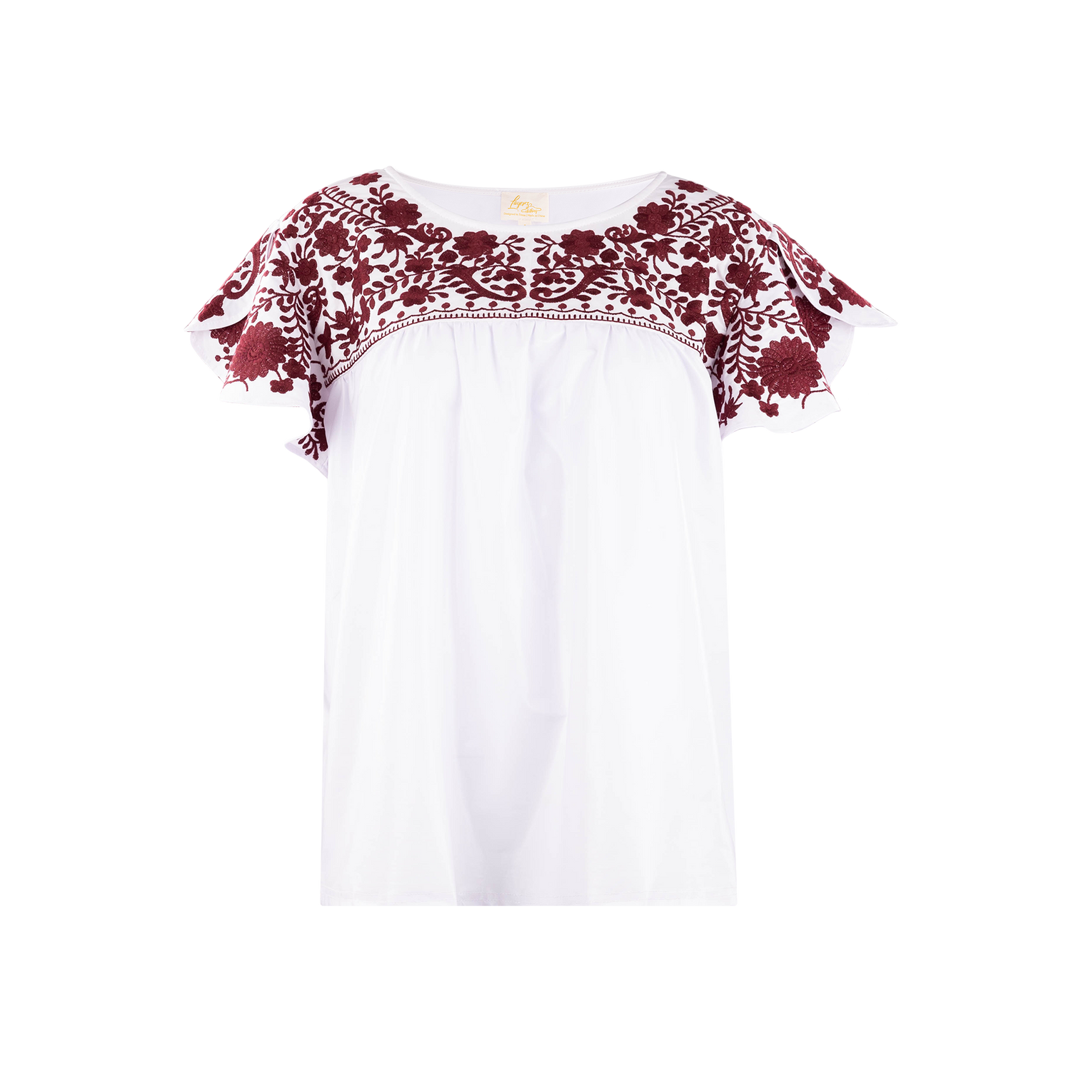 White pleather top with maroon embroidery