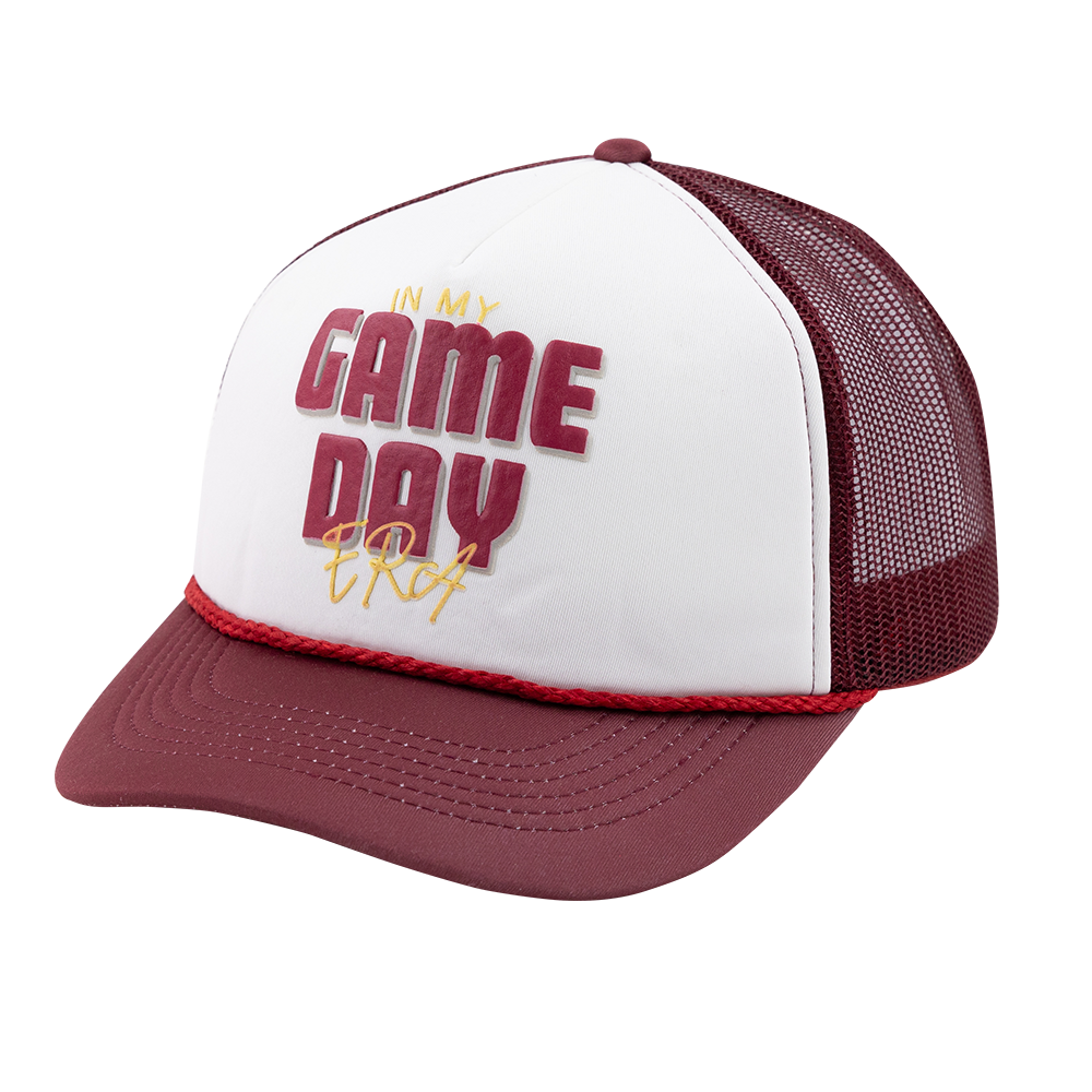 White foam trucker hat with maroon brim and maroon rope. "In My Game Day Era" is on the front in maroon and gold.