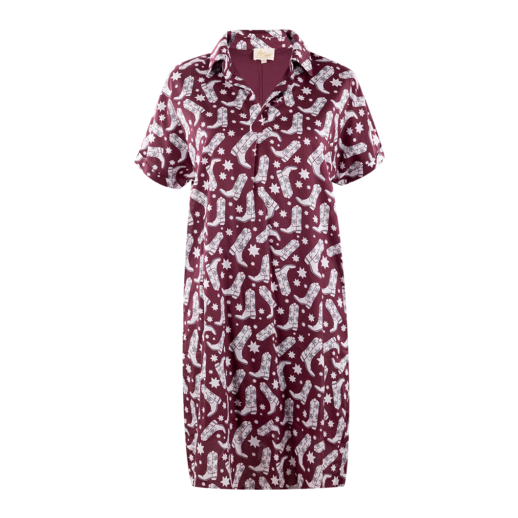 Maroon dress with white cowboy boots design
