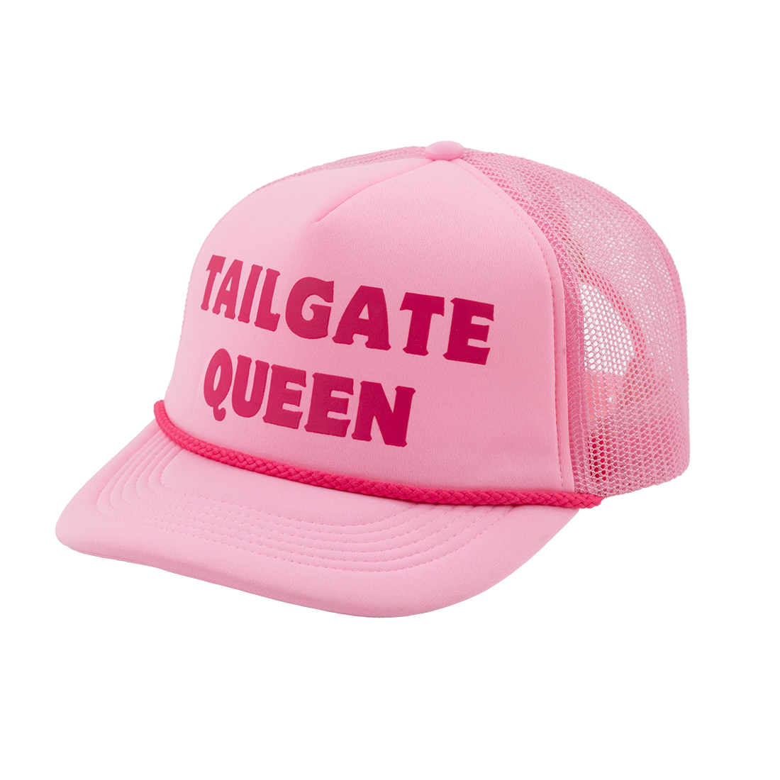 Pink foam trucker hat with hot pink rope. "TAILGATE QUEEN" is in hot pink on the front