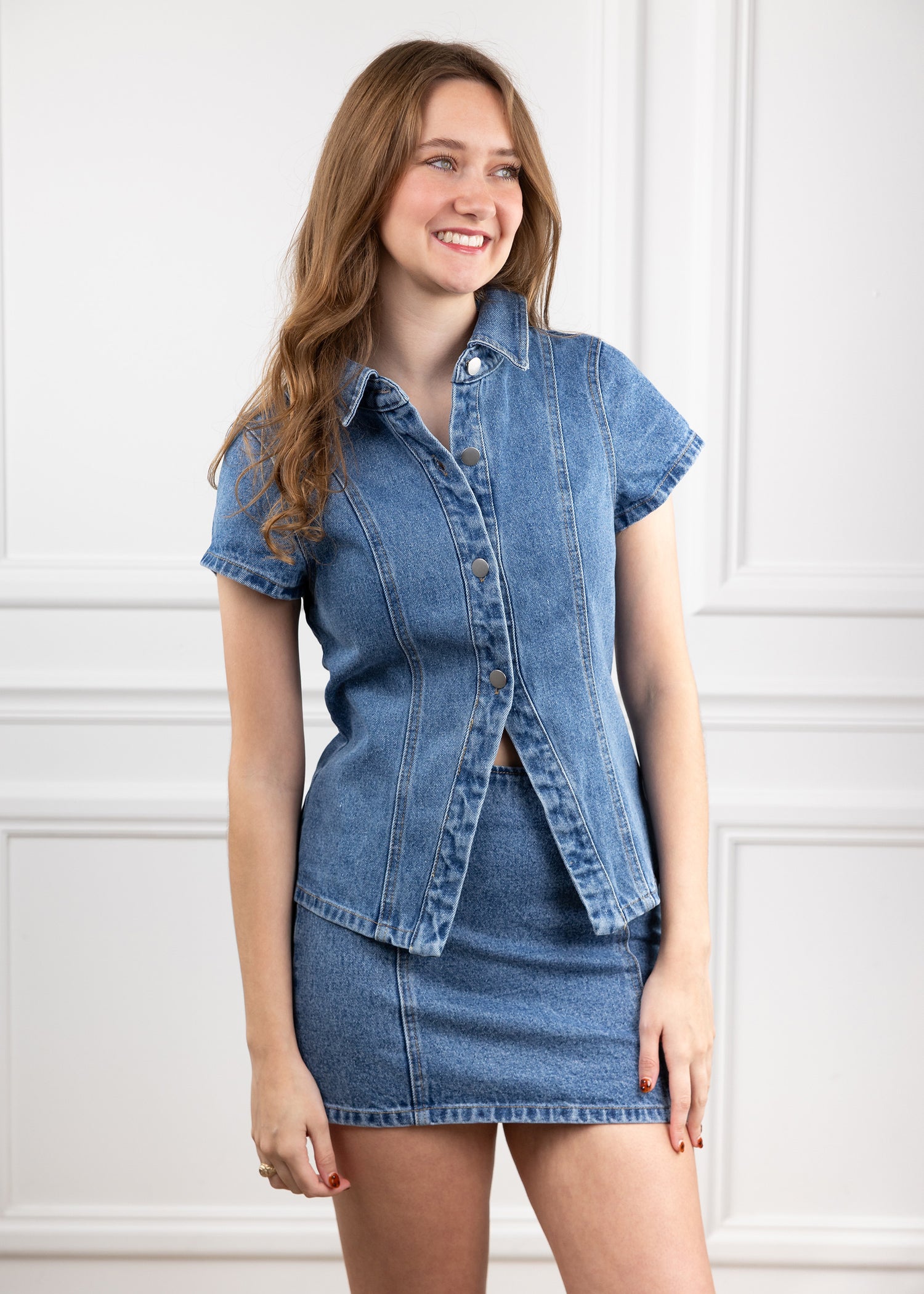 Denim top with buttons.