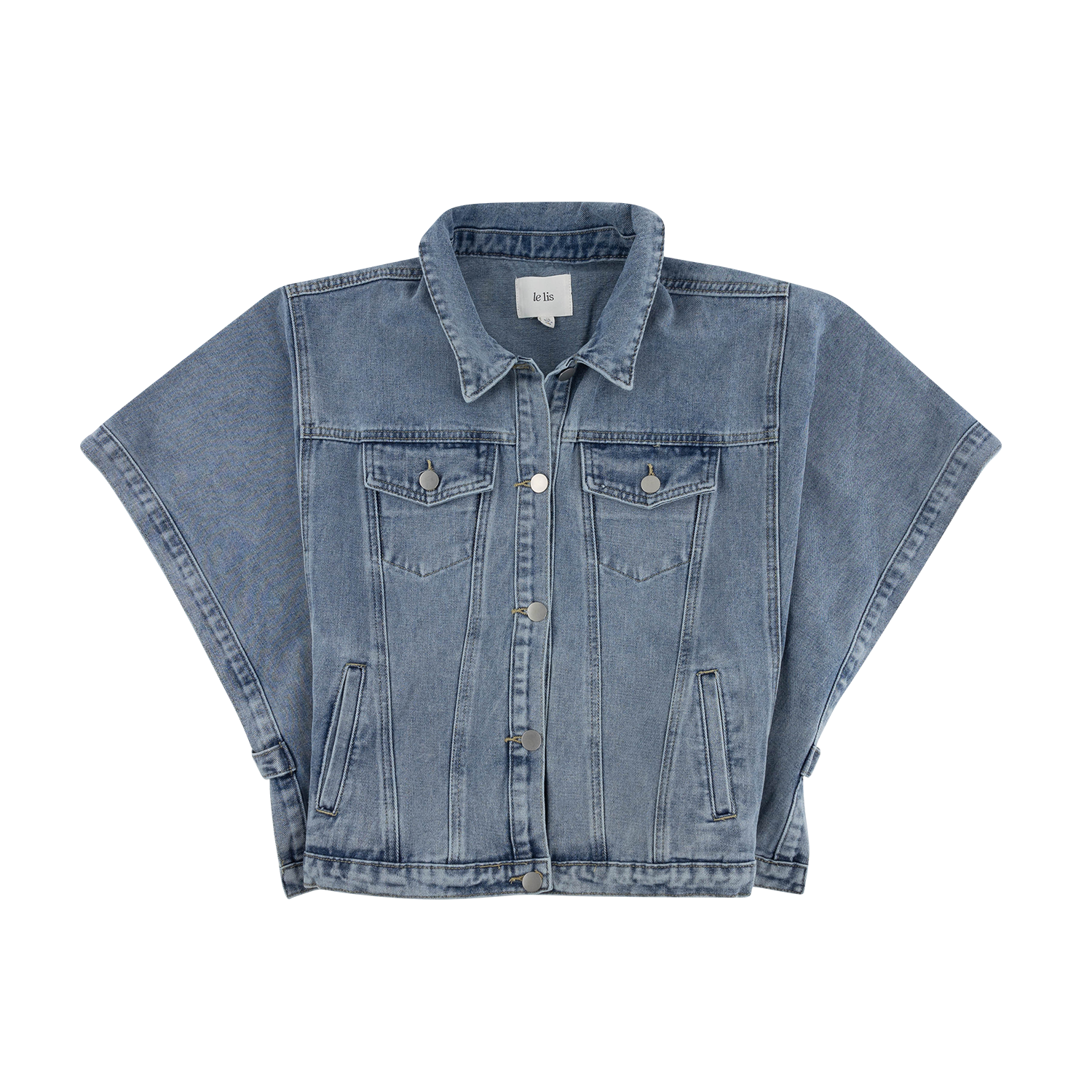 Medium-wash denim poncho jacket by Le Lis with wide cape-style sleeves, front button closures, and chest pockets displayed on a black background.   