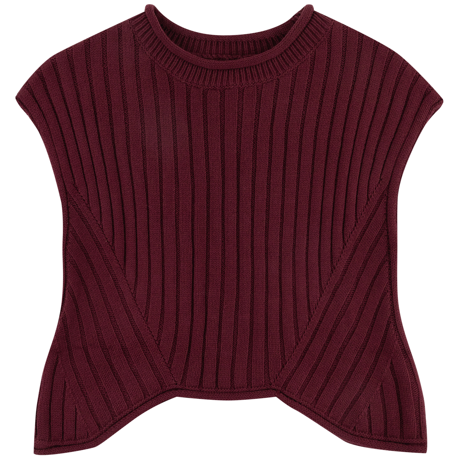 Maroon ribbed knit short-sleeve sweater top with a crew neckline and textured vertical ribbed detailing.