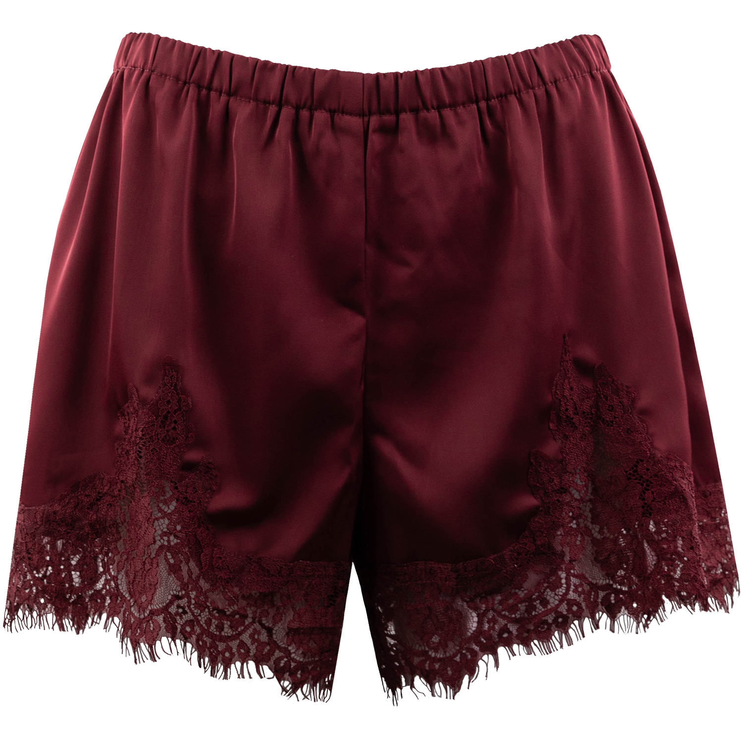 Burgundy satin shorts featuring an elastic waistband and intricate lace trim along the hem, with scalloped lace detailing and fringe accents.