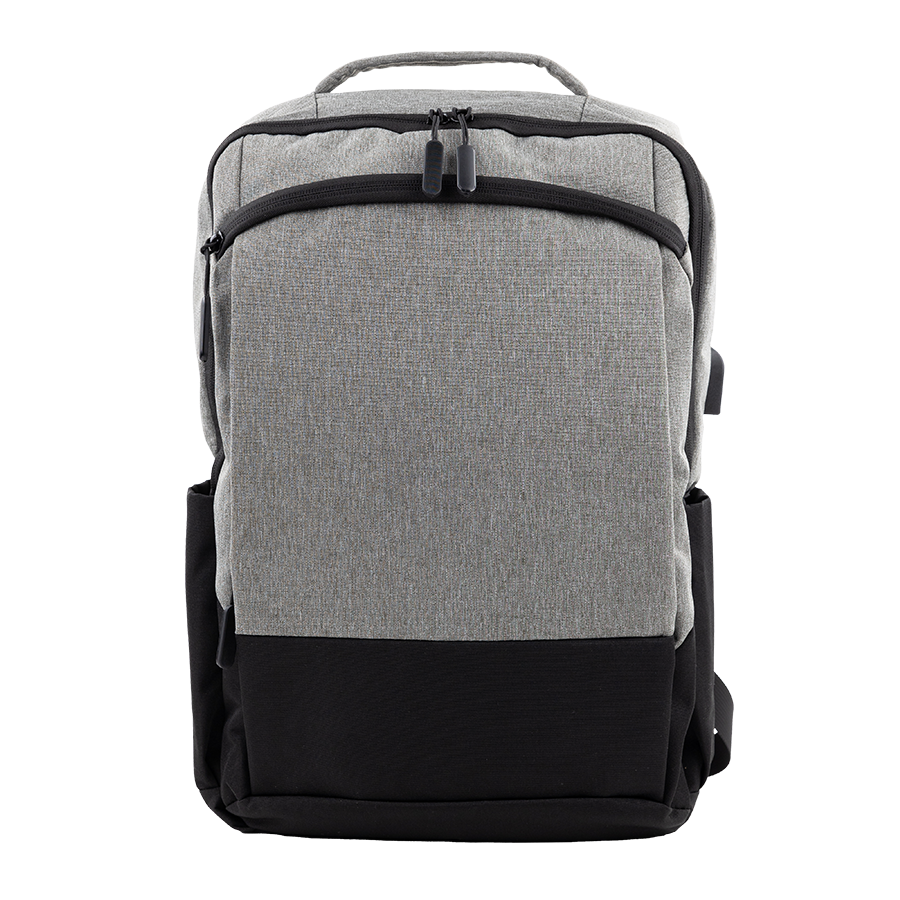 Light gray backpack with charging ports.