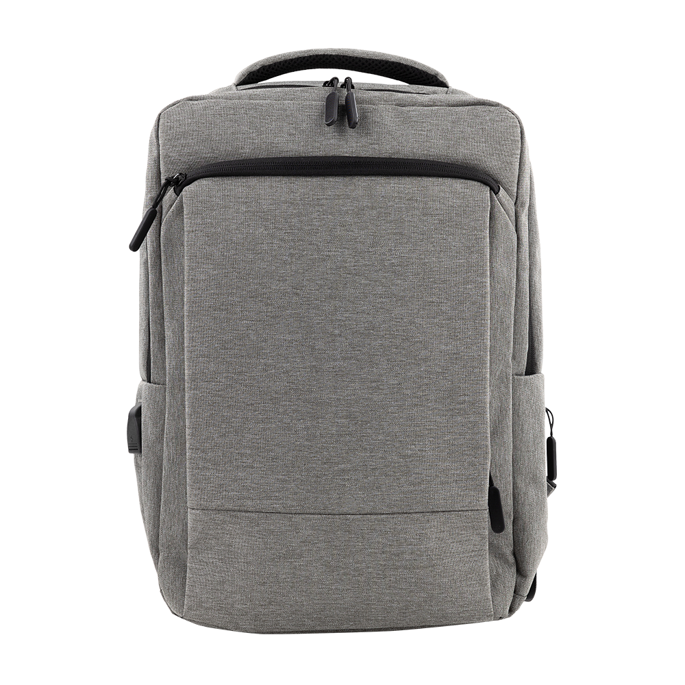 Light gray backpack with charging ports.