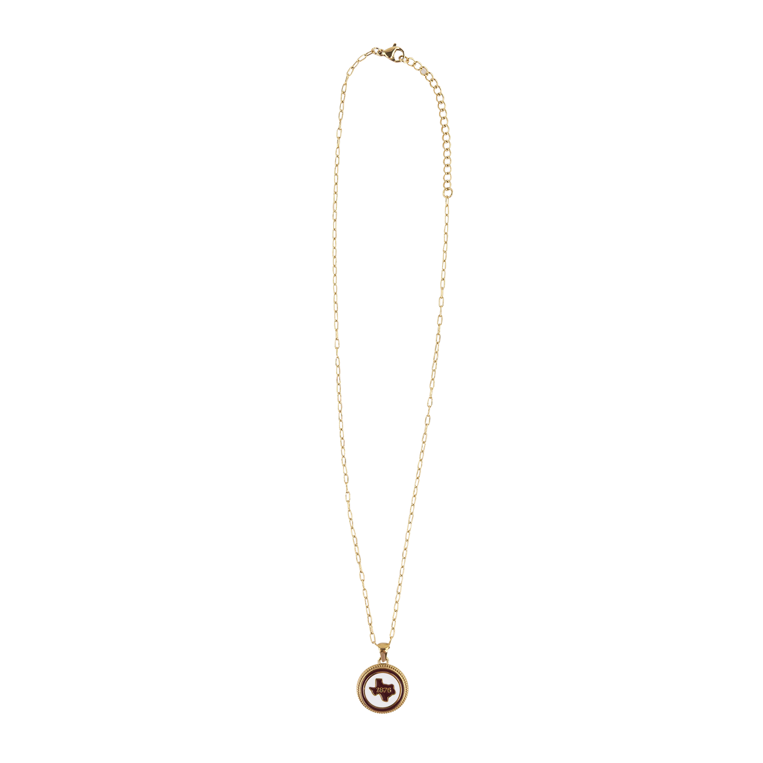 A delicate gold chain necklace featuring a circular pendant with a white background and a marron Texas shape in the center with gold 1876 text in the middle, displayed against a solid white background.
