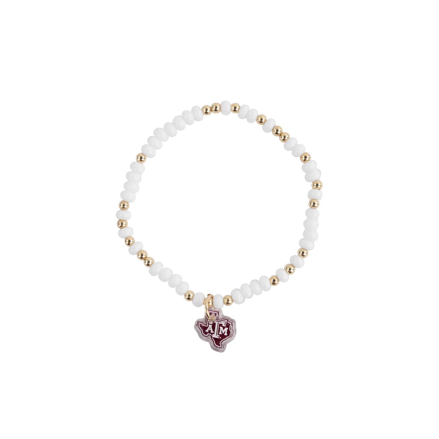 Bracelet with white beads and gold accents featuring a logo charm