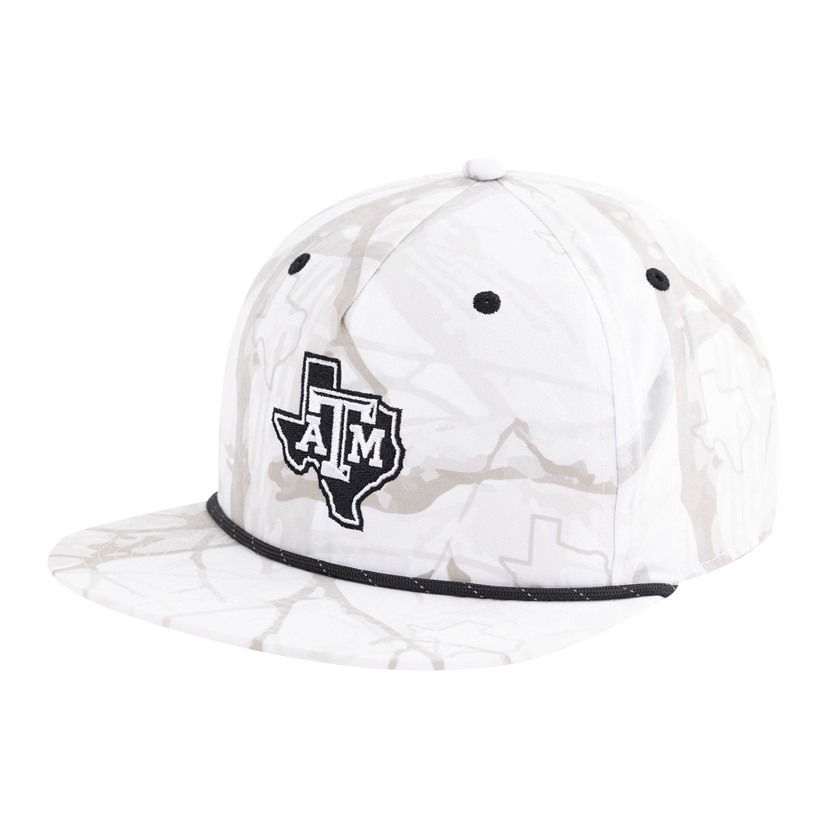 White camouflage bucket hat with black logo