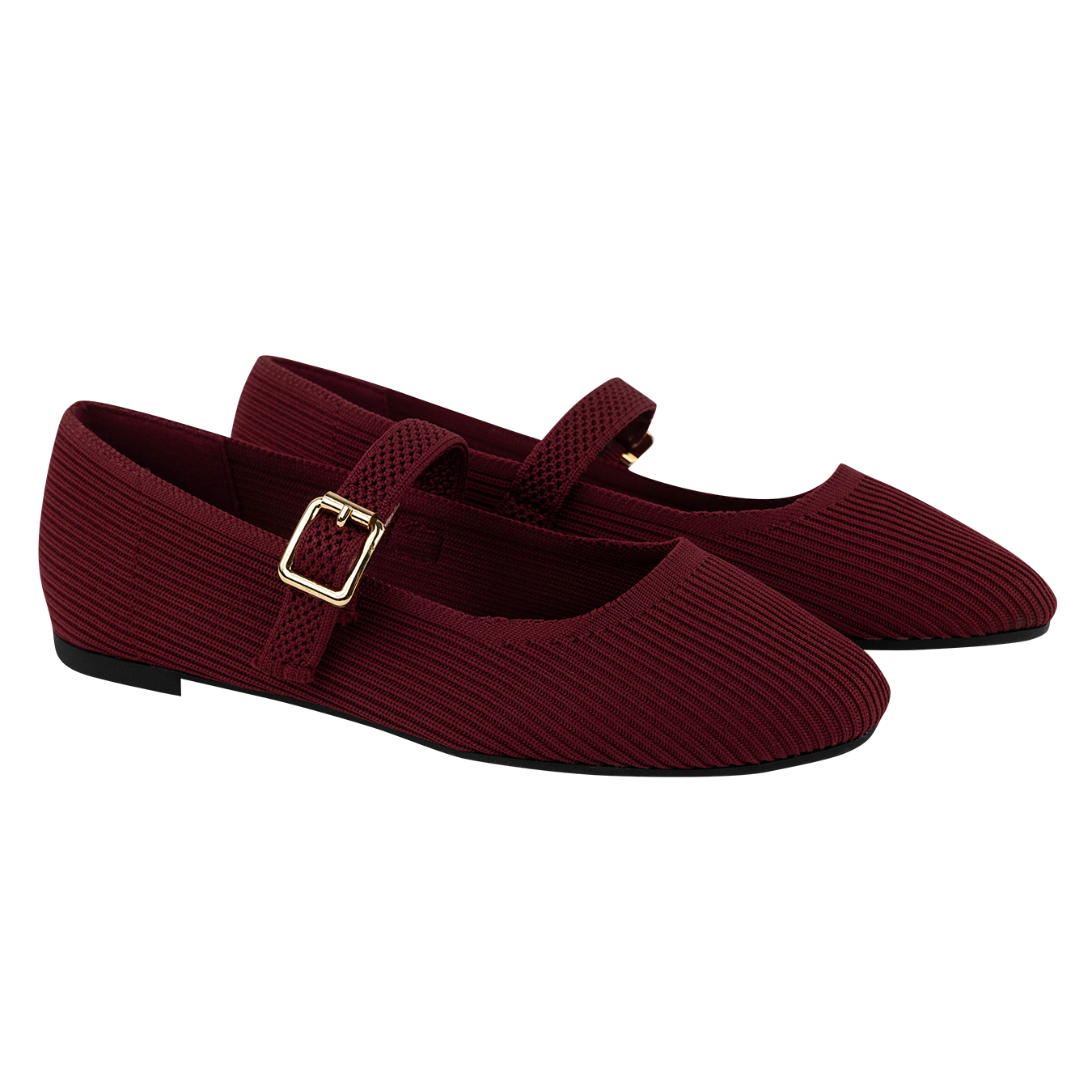 Maroon flat with a gold clasp. 