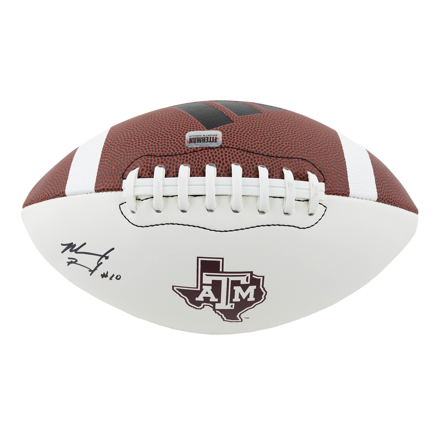 Half white football with maroon Lonestar ATM logo with quarterback Marcel Reed's autograph