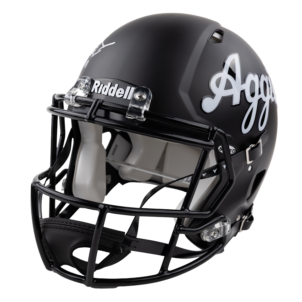 Black football helmet with Aggies in white script and quarterback Marcel Reed's autograph