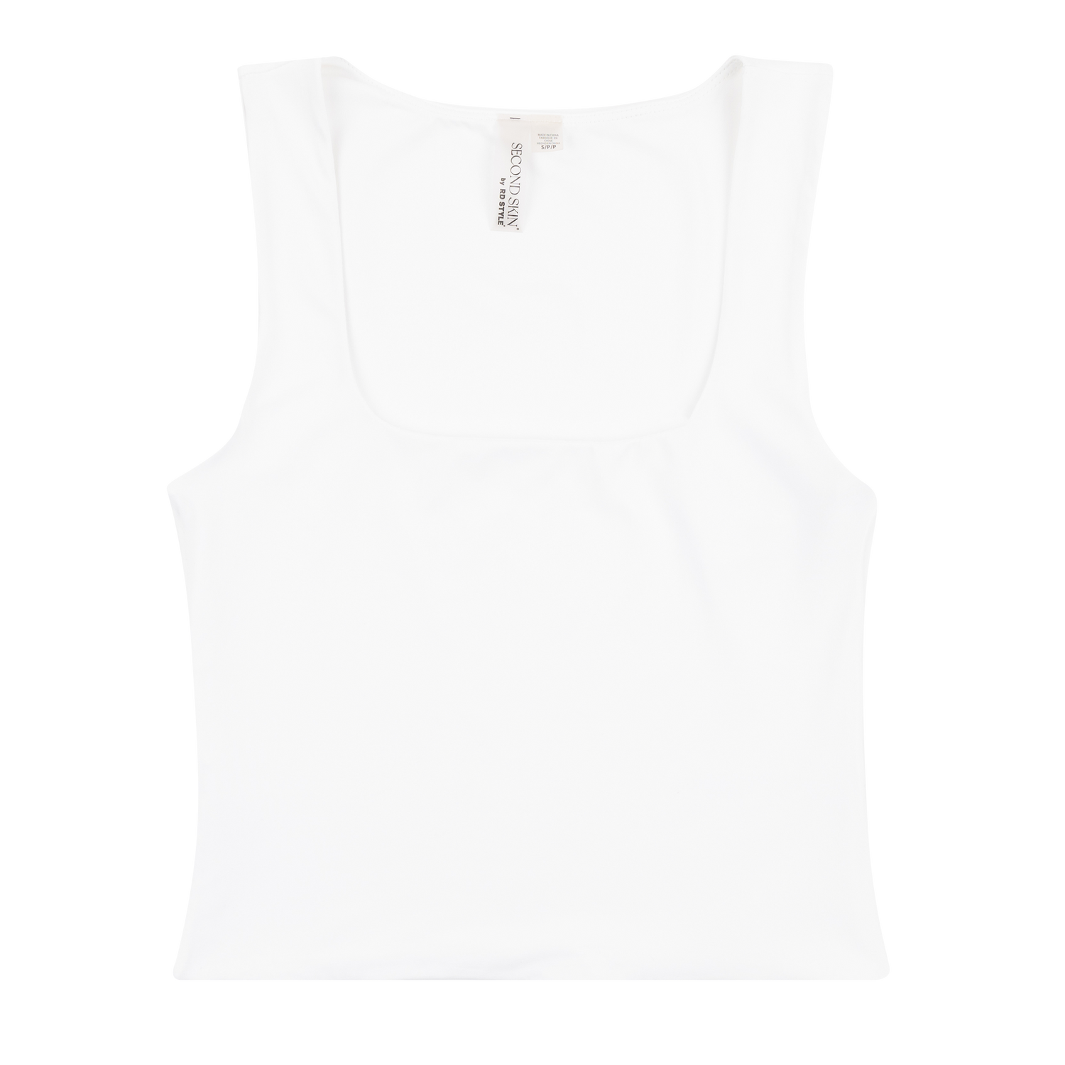 White sleeveless U-neck top.