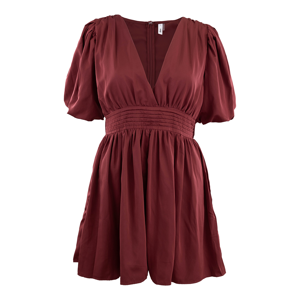 Maroon flowy romper with cinched waist.
