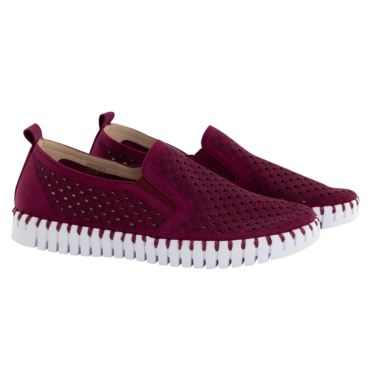 Maroon flats with a white platform.