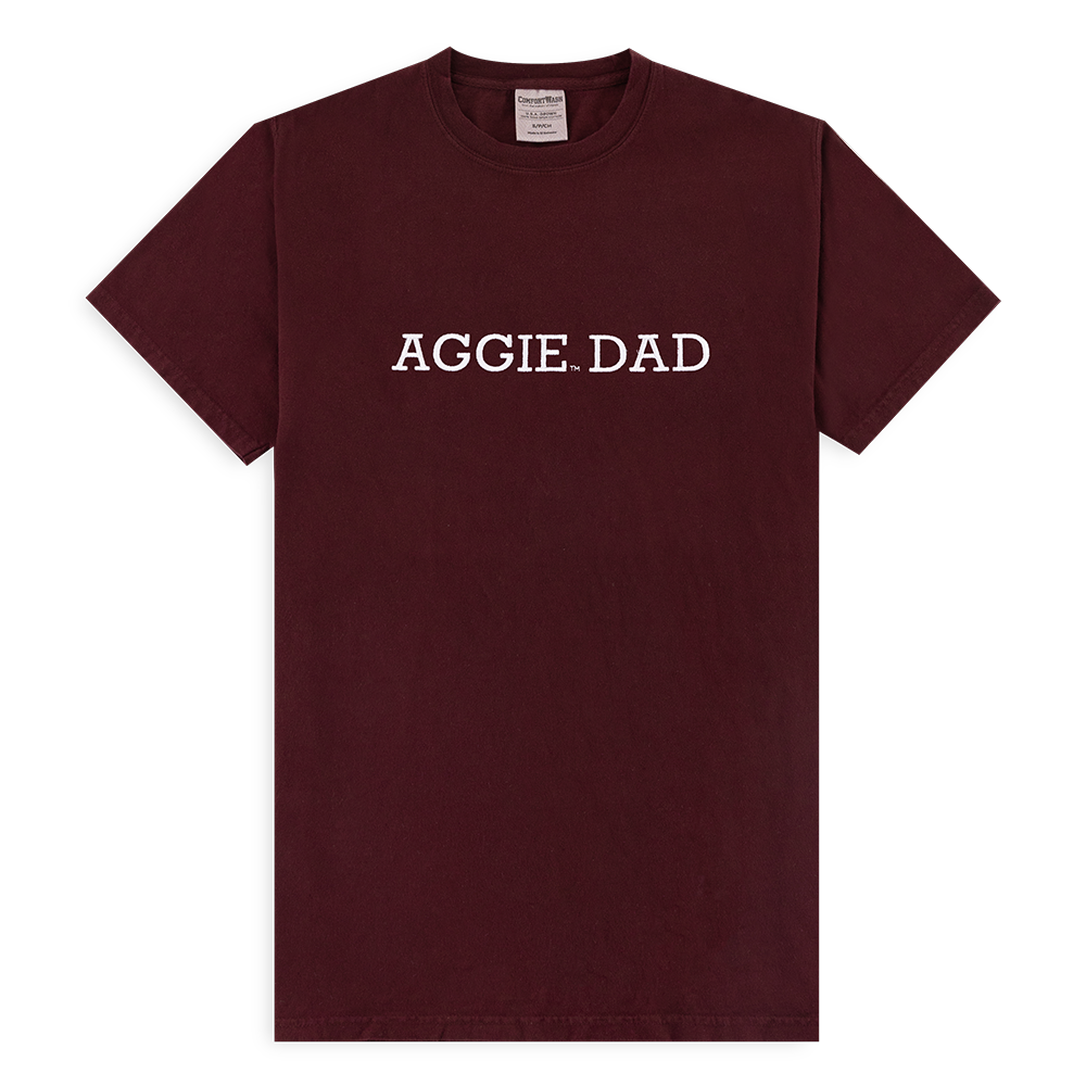 Maroon t-shirt with AGGIE DAD embroidered in white