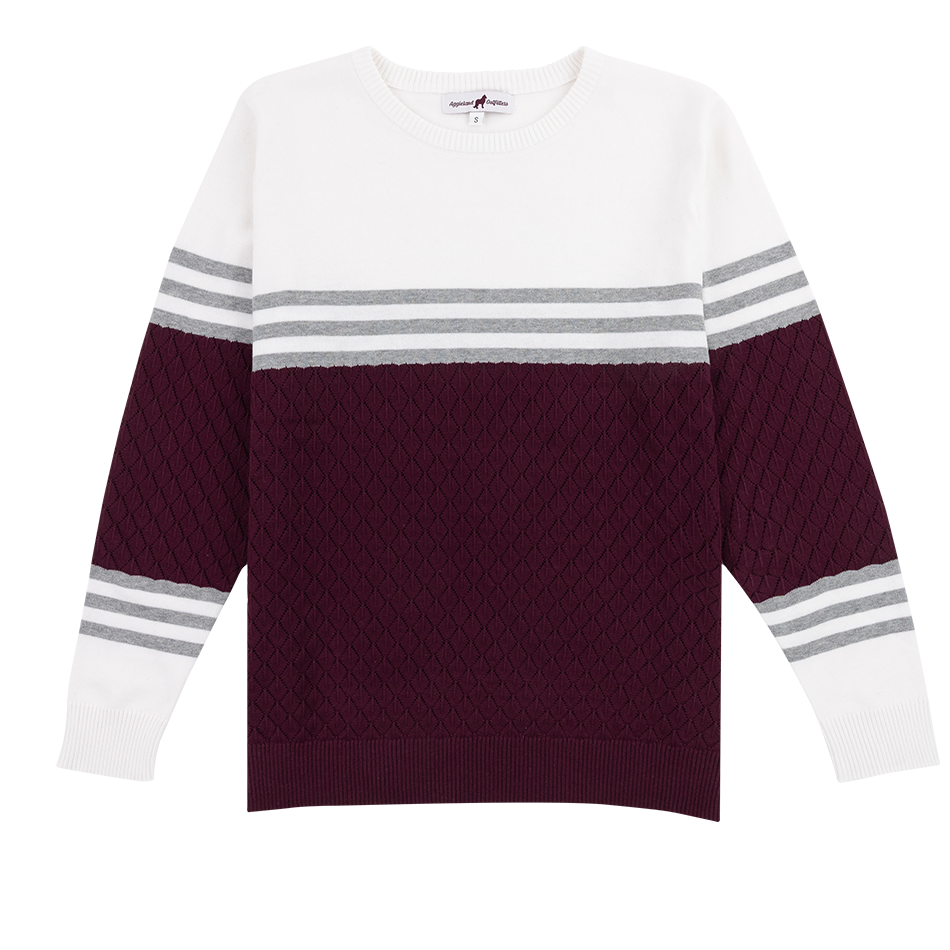 Maroon, white, and gray sweater.