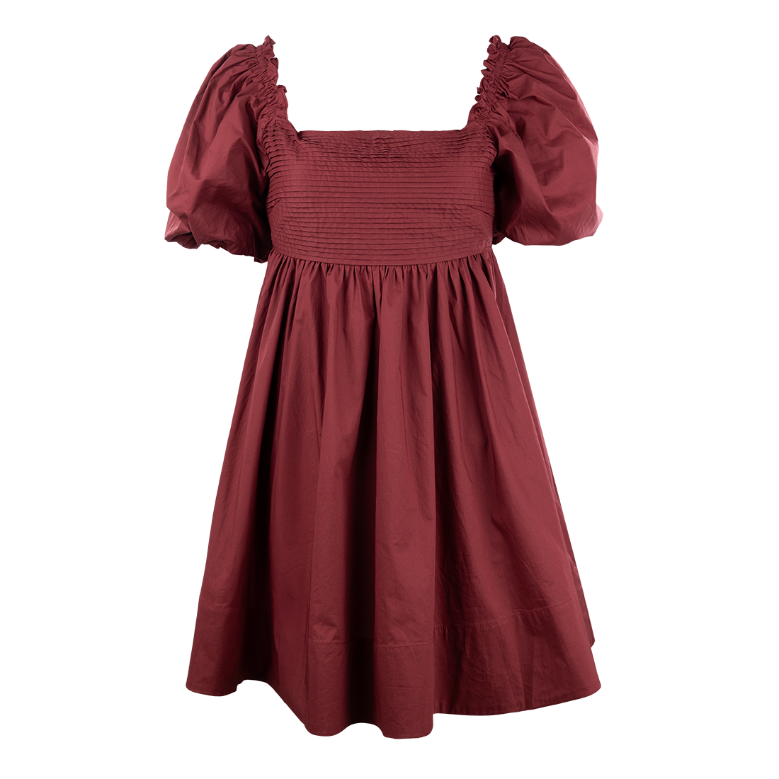 Maroon dress with pleated top and a bow in the back.