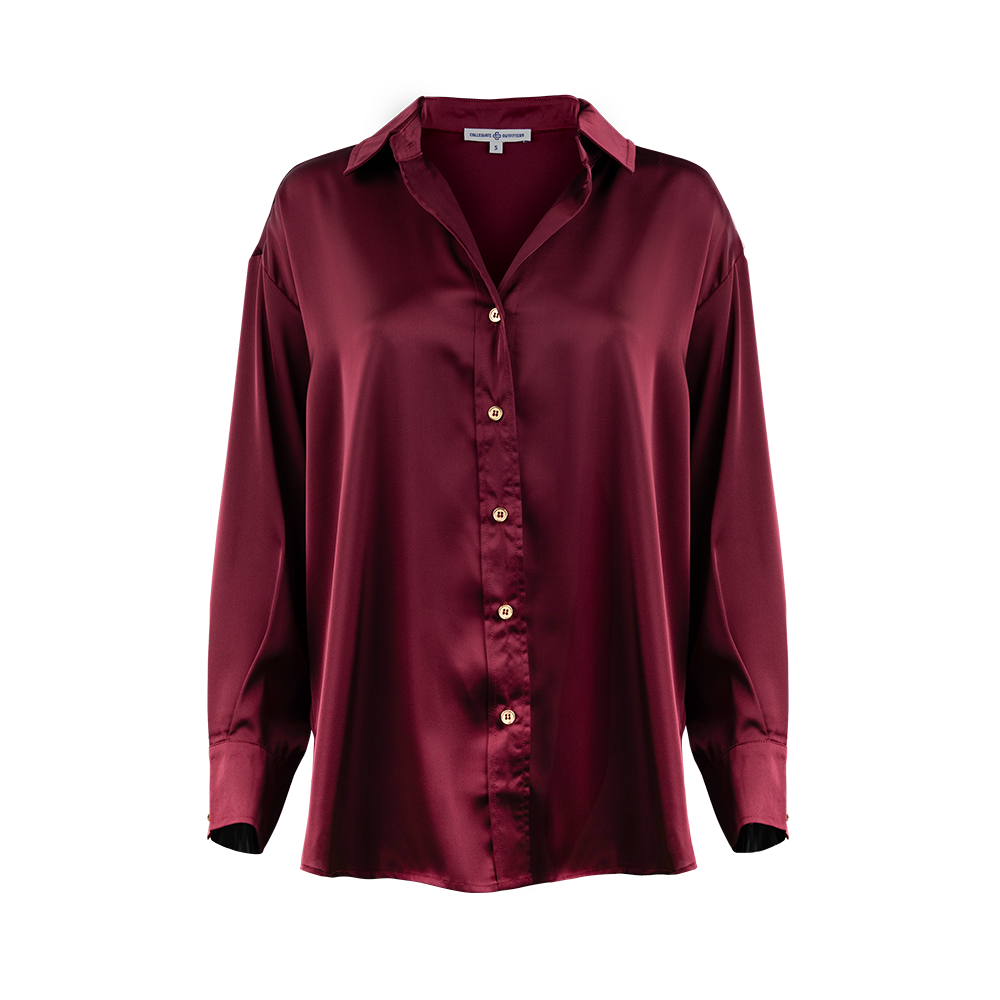 Collegiate Outfitters Maroon Satin Button Down Top, Size Large, Polyester/Satin