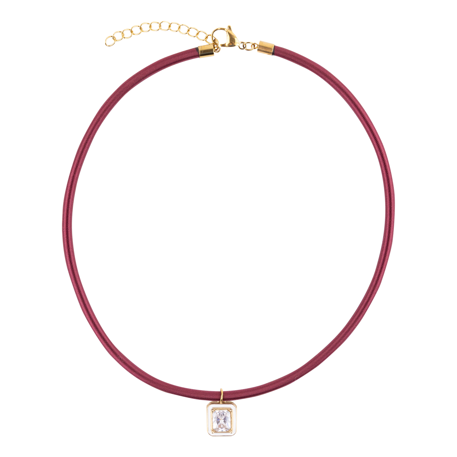 A double-strand burgundy faux-leather choker necklace with a small square bezel-set clear crystal pendant and gold-tone hardware, shown on a plain white background.