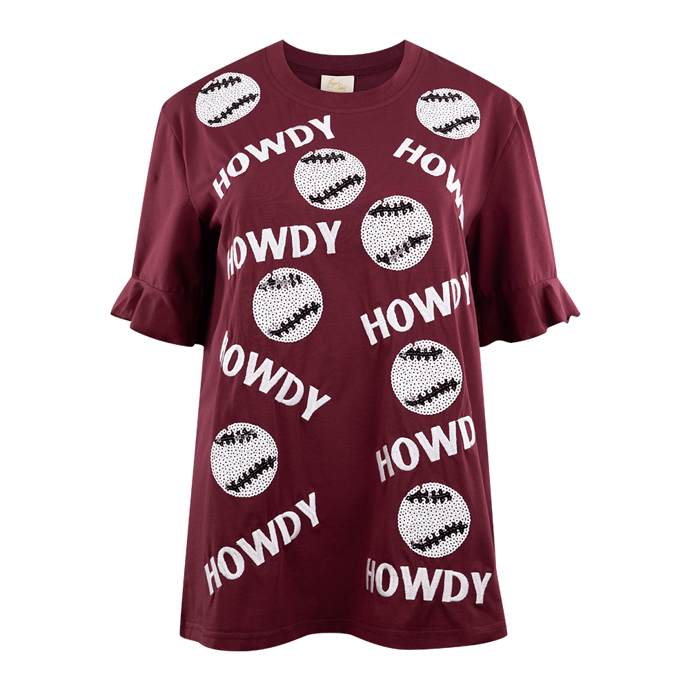 Maroon tees with sequined baseballs and "HOWDY" in white