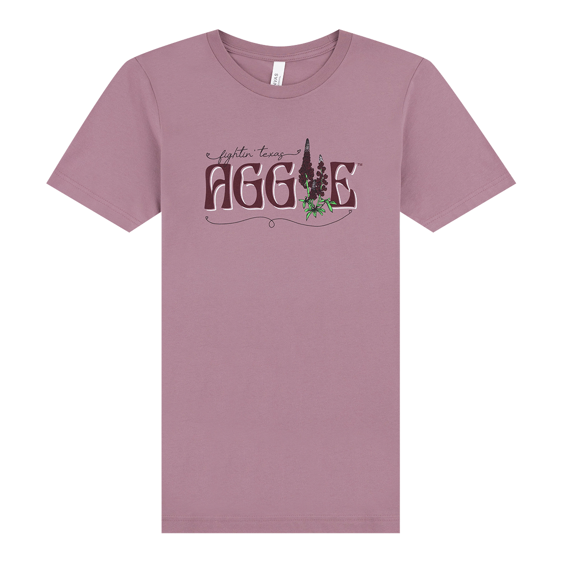Mauve t-shirt with 'fightin' texas AGGIE' in maroon with maroon bluebonnets