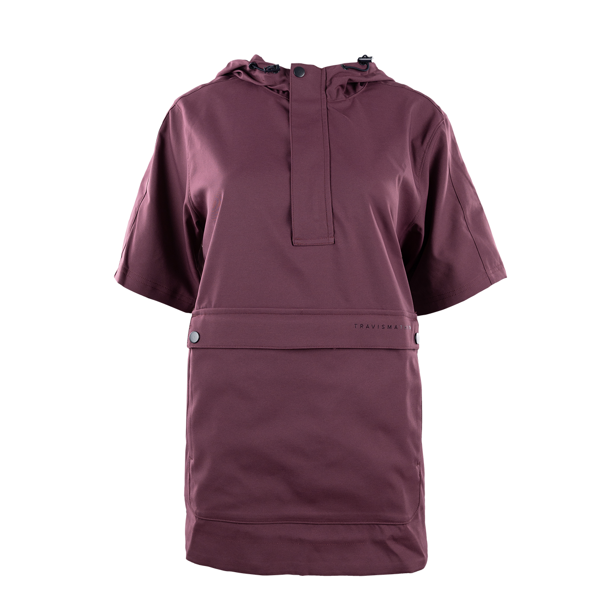 Maroon short-sleeve hoodie with hidden zip closure and kangaroo pocket