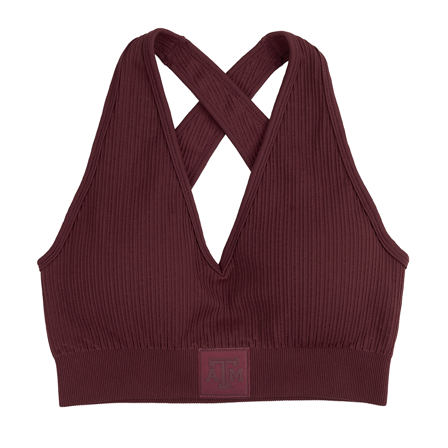 Maroon ribbed seamless bra with maroon ATM patch on the band.