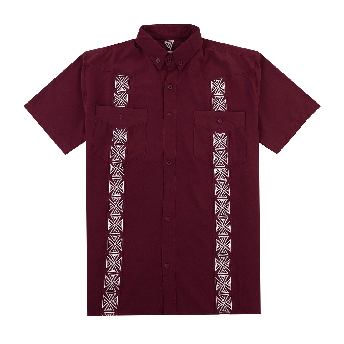 Maroon shirt with white geometric patterns on the shirt.