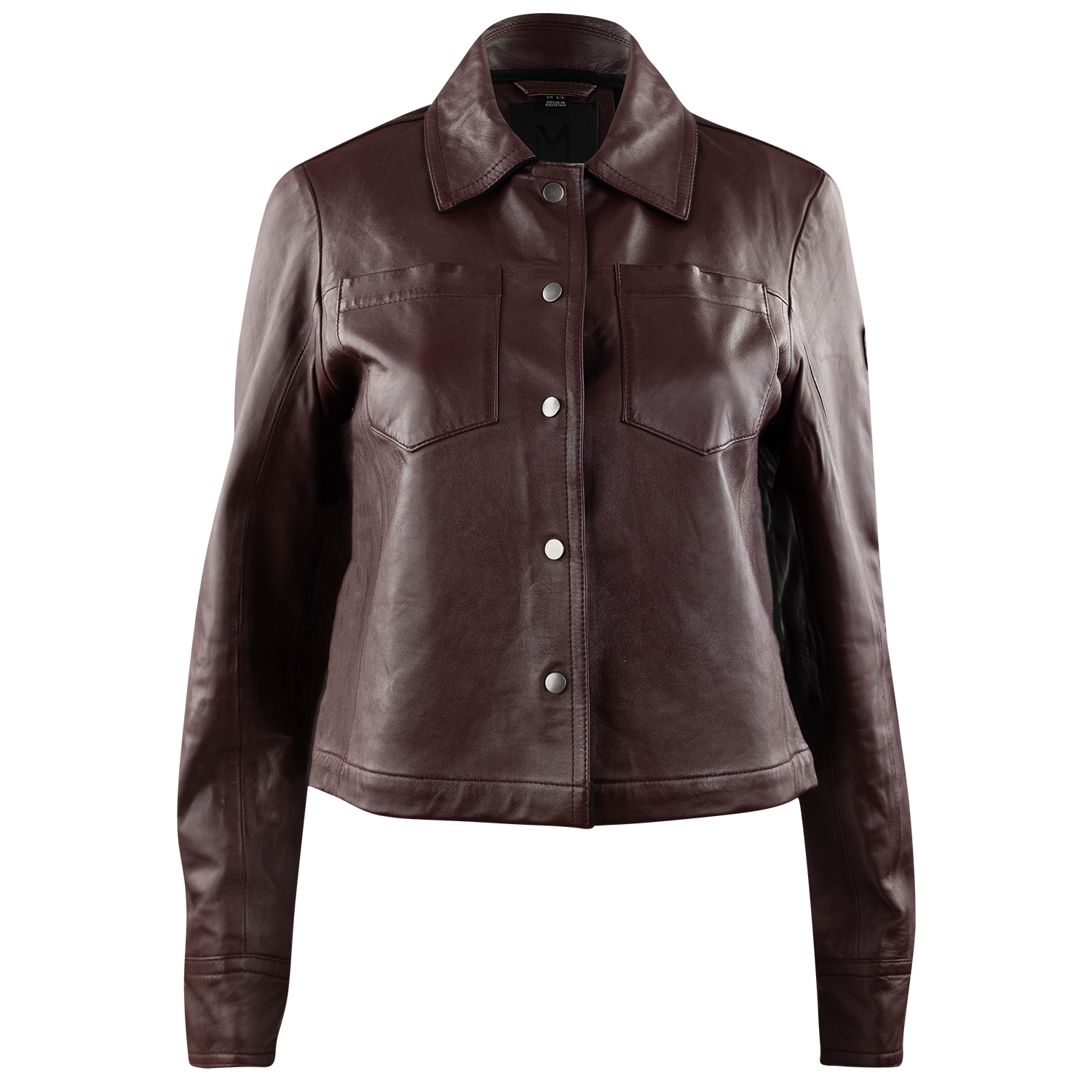 Women's fit button up leather jacket in deep maroon. 