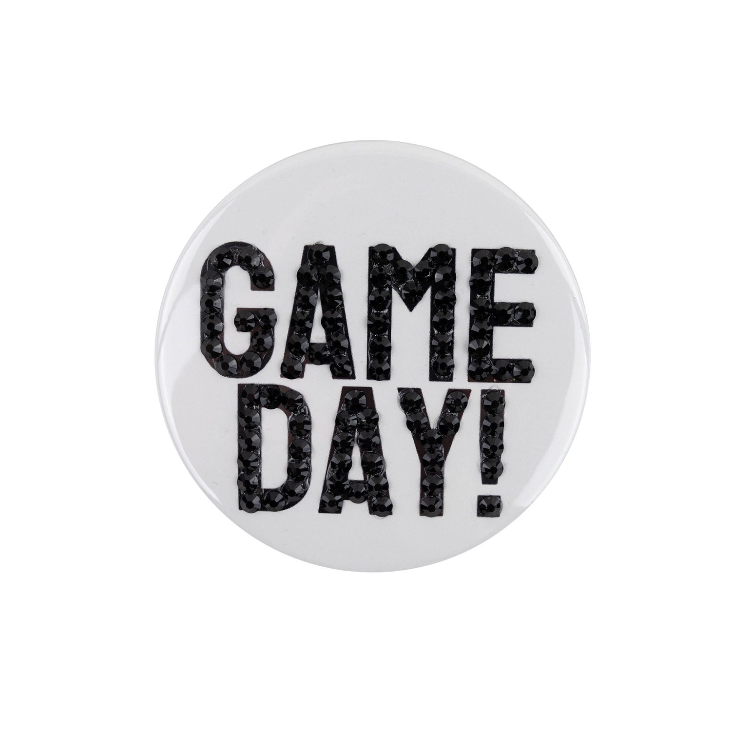 White circular pin featuring the phrase “GAME DAY!” in black lettering decorated with black rhinestone embellishments.