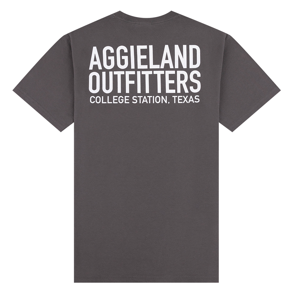 Gray short sleeve T-Shirt with Aggieland Outfitters printed on the back of the shirt and it is printed on the front on the upper left chest.