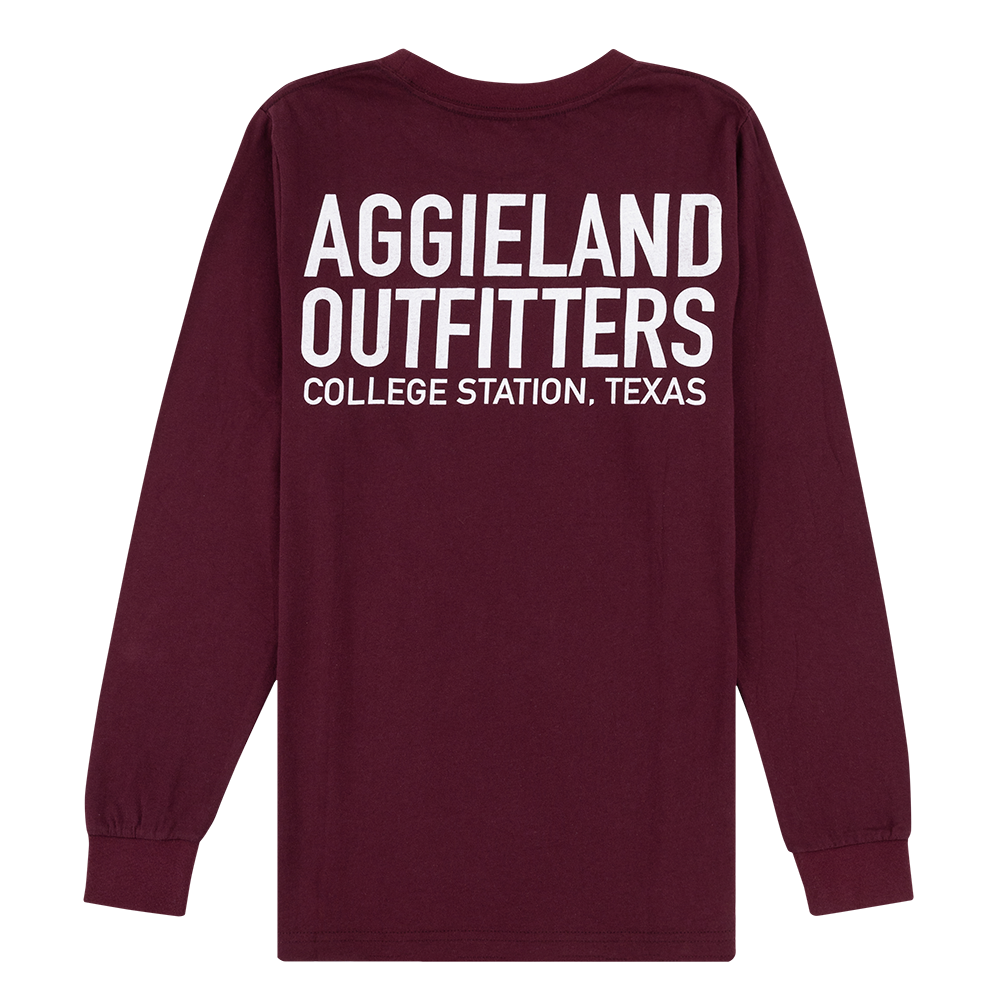 Maroon Long sleeve shirt with Aggieland Outfitters in white lettering on the back and on the upper left chest of the front.