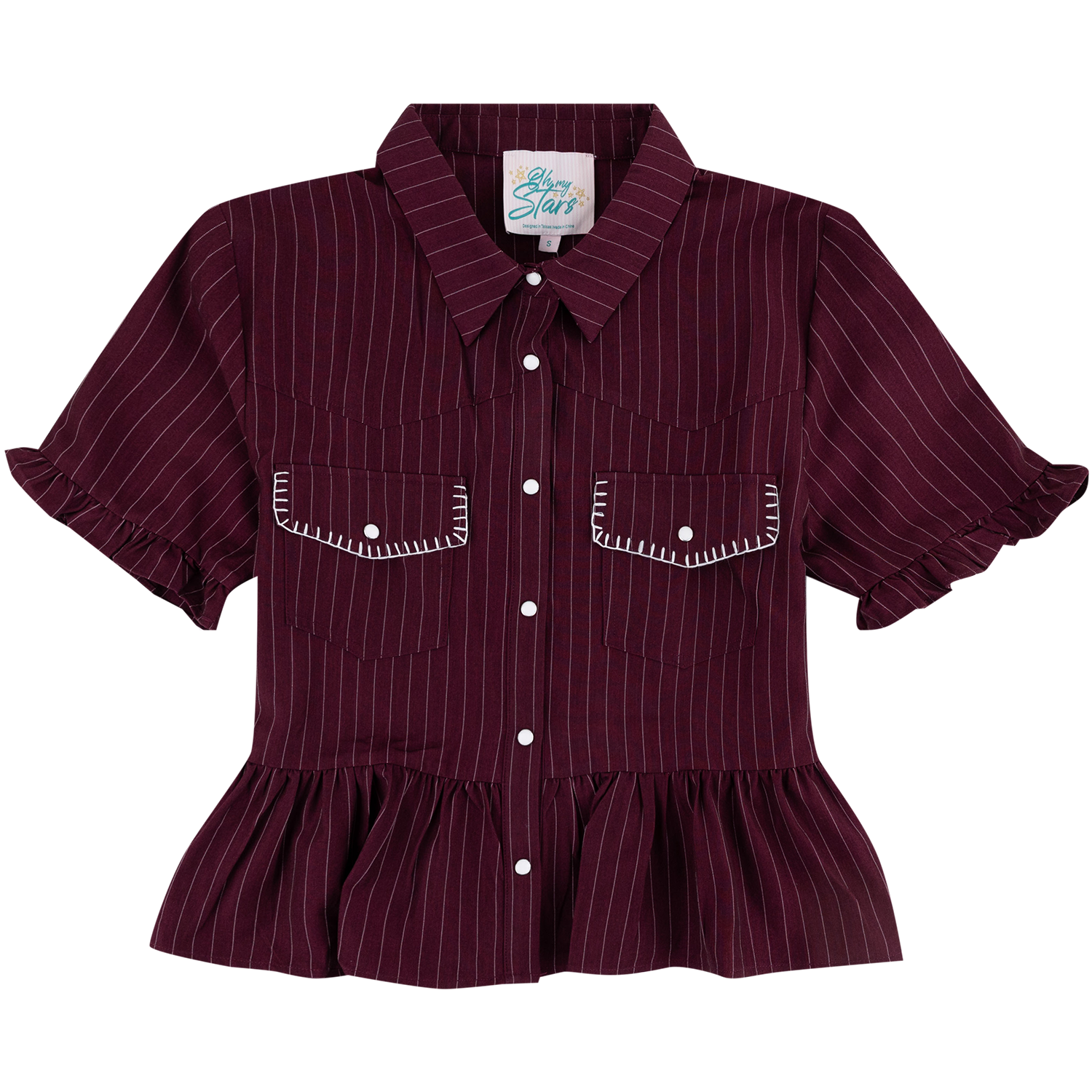 A short-sleeve button-up shirt in deep burgundy with thin white vertical pinstripes, featuring ruffled sleeves, a ruffled peplum hem, and two chest pockets with decorative white stitching.