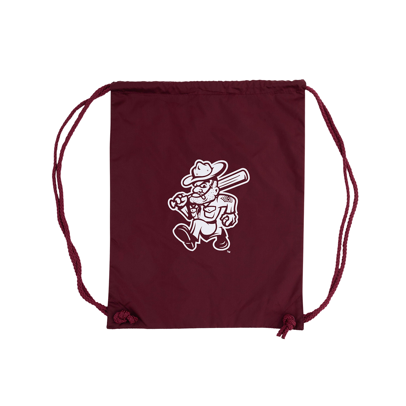Maroon drawstring bag with white logo 