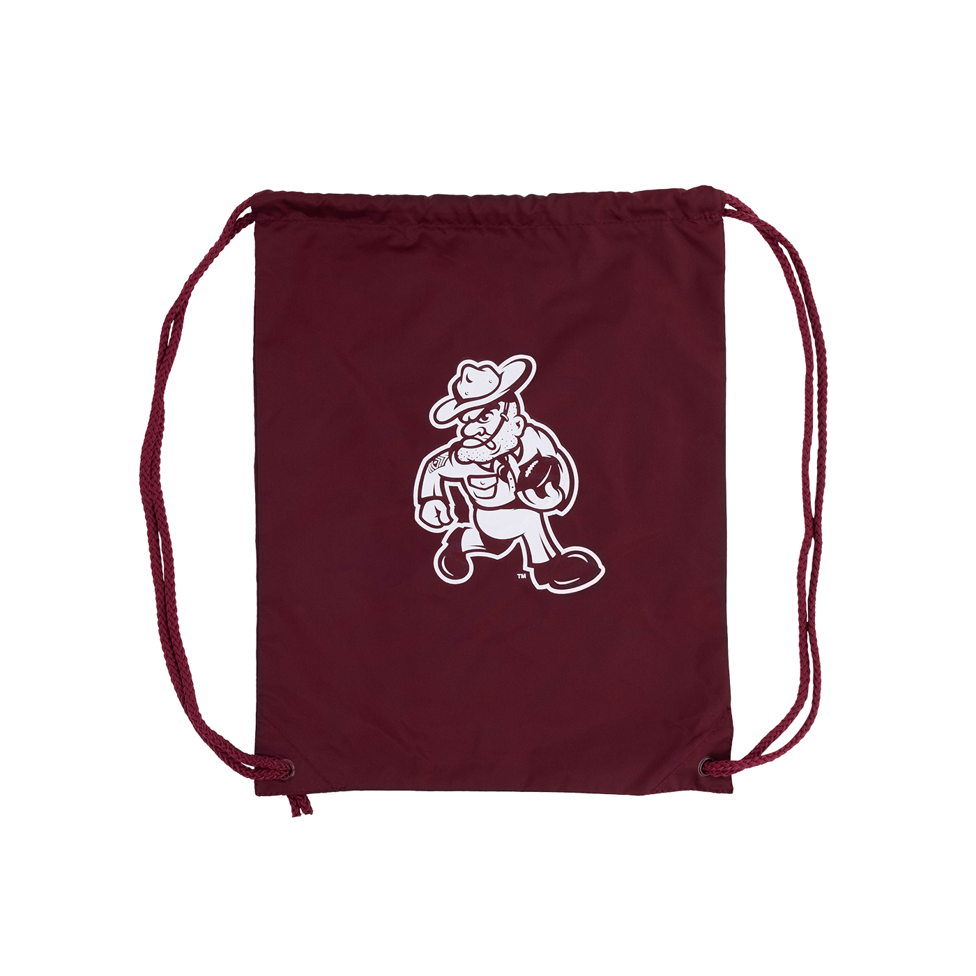 Maroon drawstring bag with a white graphic of a football ol' sarge