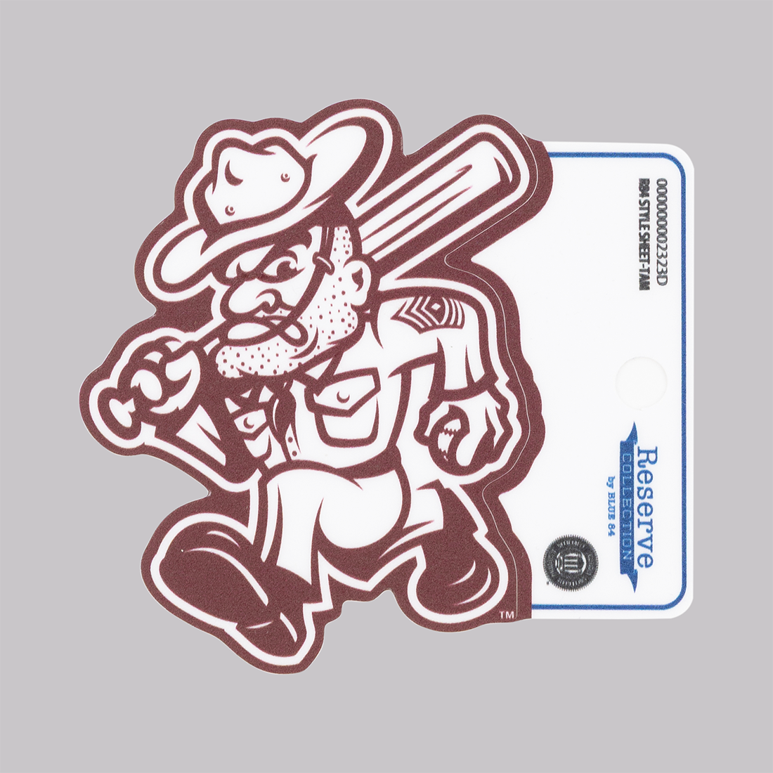 Maroon sticker of an outline of Ol' Sarge carrying a baseball