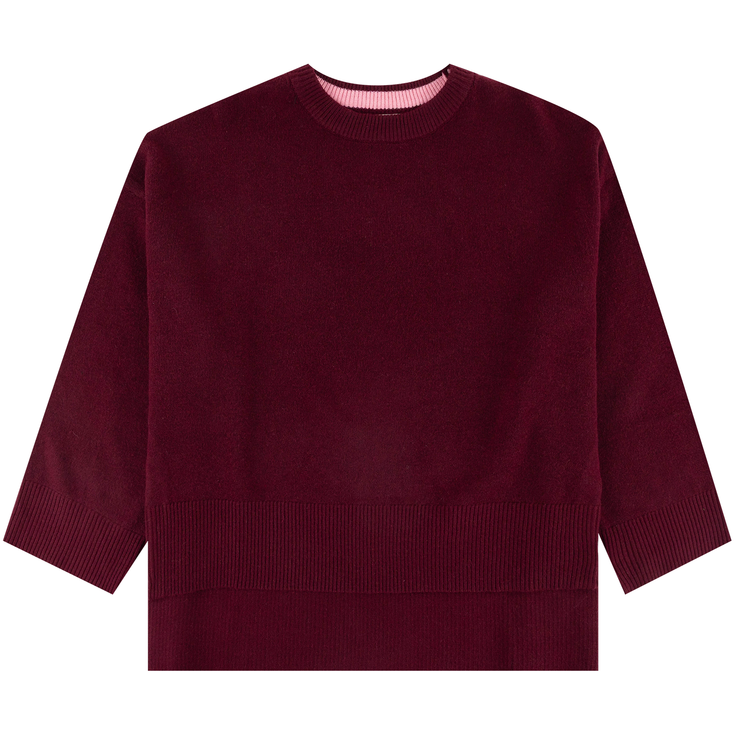Burgundy crewneck sweater with ribbed collar, cuffs, and waistband.
