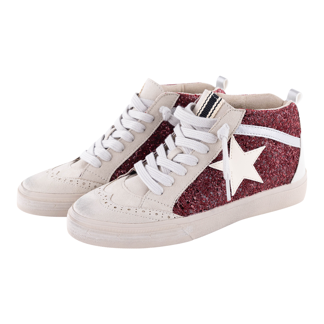Cream shoes with maroon sparkles and a cream star.