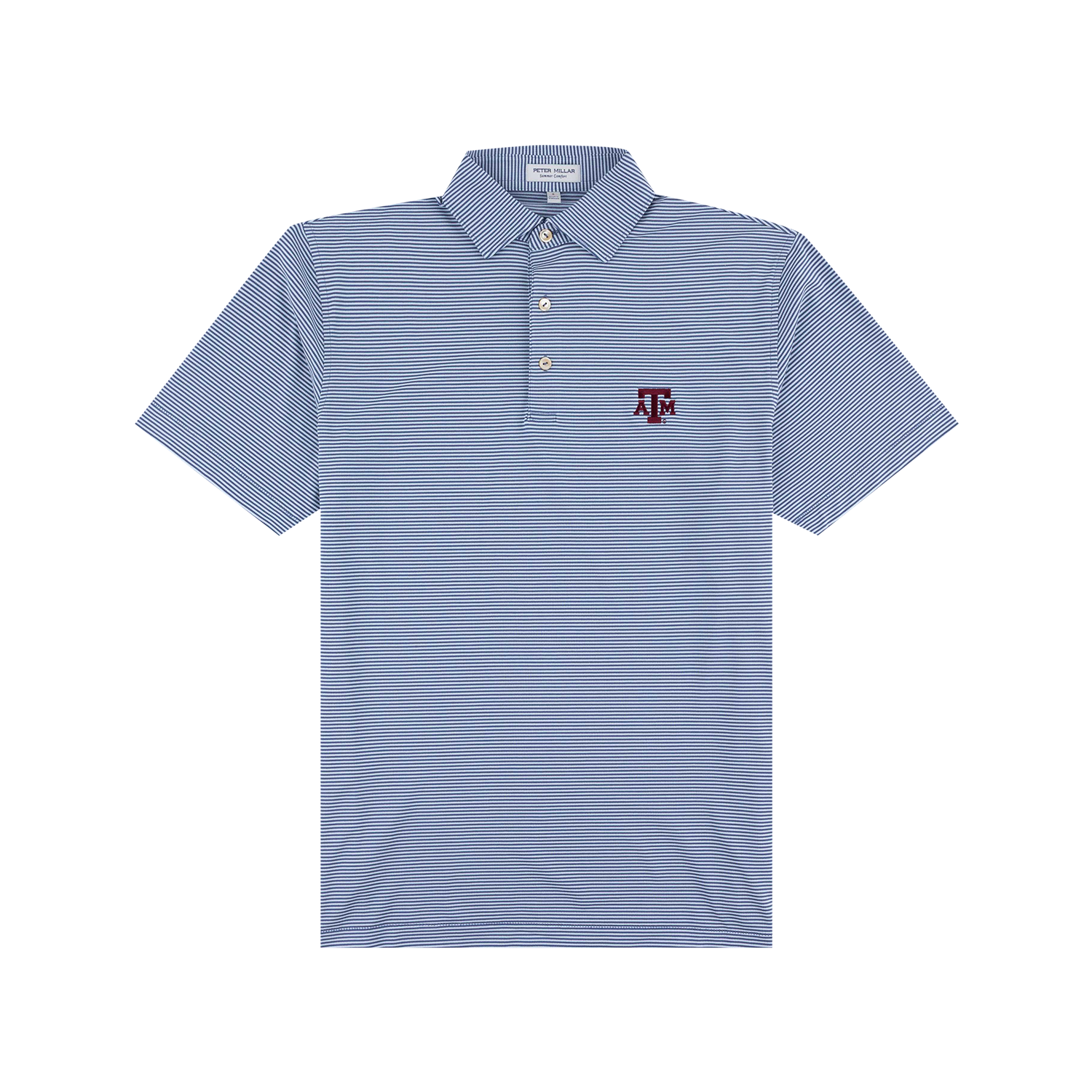 A light blue and white striped short-sleeve polo shirt with a small maroon Texas A&M logo on the left chest, displayed on a clean white background.