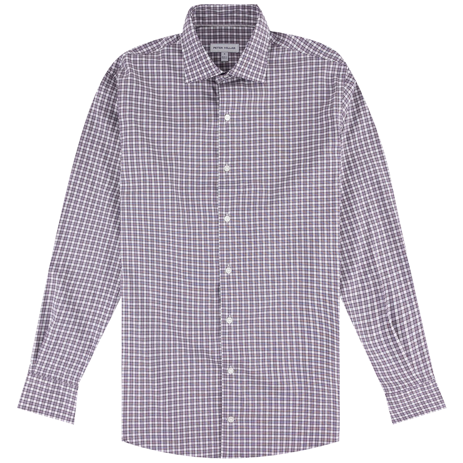A long-sleeve button-down shirt with a fine gray and white checkered pattern, displayed flat against a solid white background.