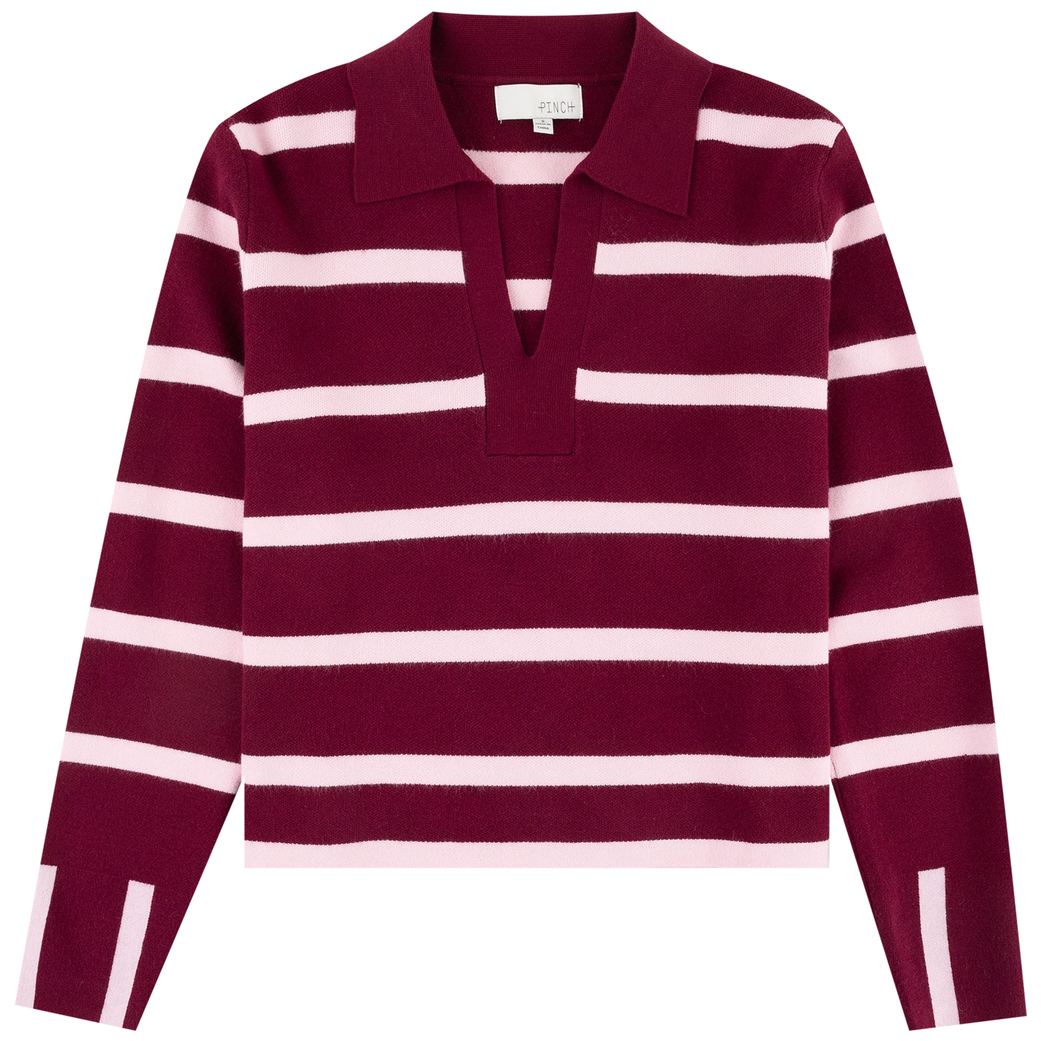A long-sleeve knit polo sweater with horizontal burgundy and light pink stripes, featuring a split V-neck collar and ribbed hem and cuffs, shown flat on a white background.