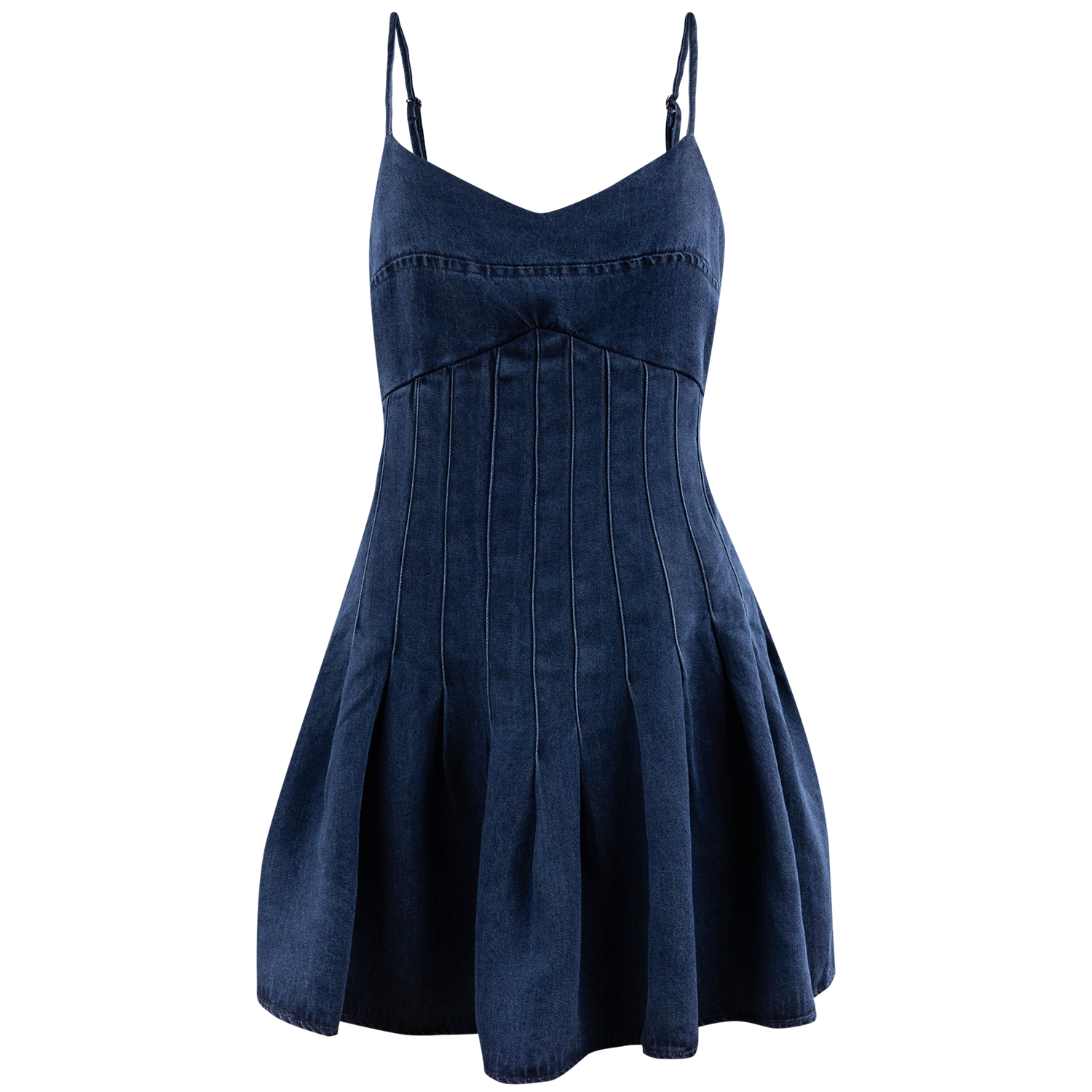 A dark blue denim spaghetti-strap mini dress with a structured corset-style bodice and a flared skirt, shown against a plain white background.