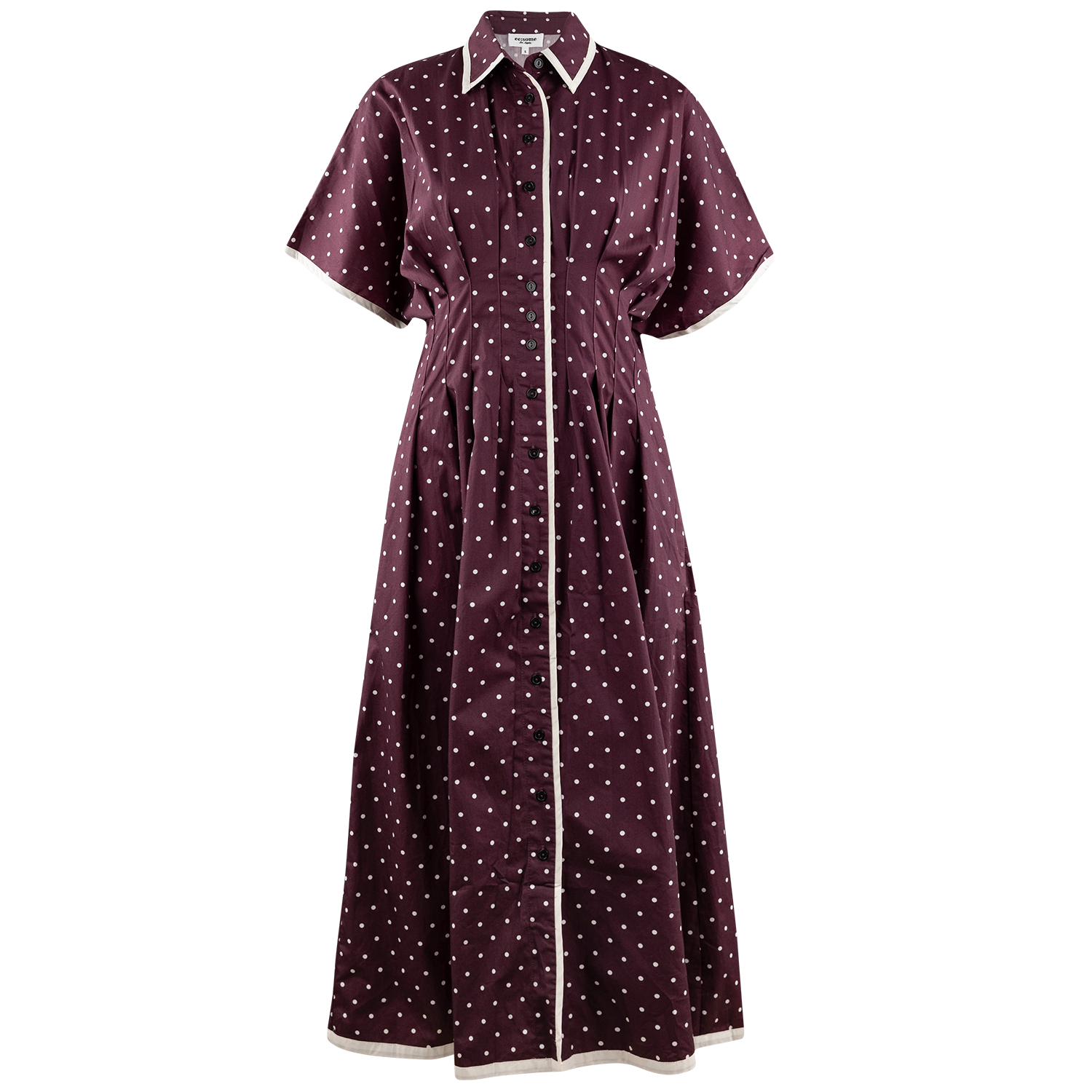 A short-sleeve button-front dress in deep burgundy with a white polka dot pattern and white piping details, shown against a plain white background.