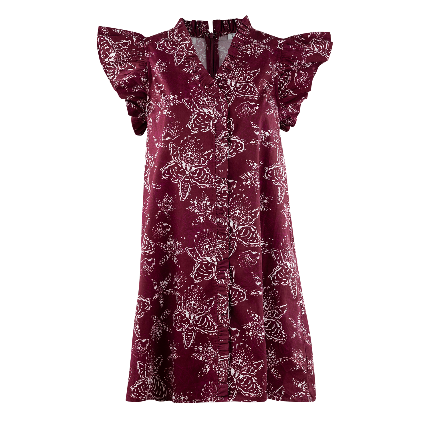 A maroon short-sleeve button-up dress with a white floral print and ruffled flutter sleeves, shown against a plain white background.