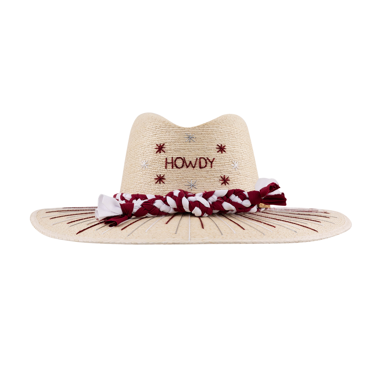 Beige straw hat with 'HOWDY' embroidery in maroon and braided band in maroon and white.