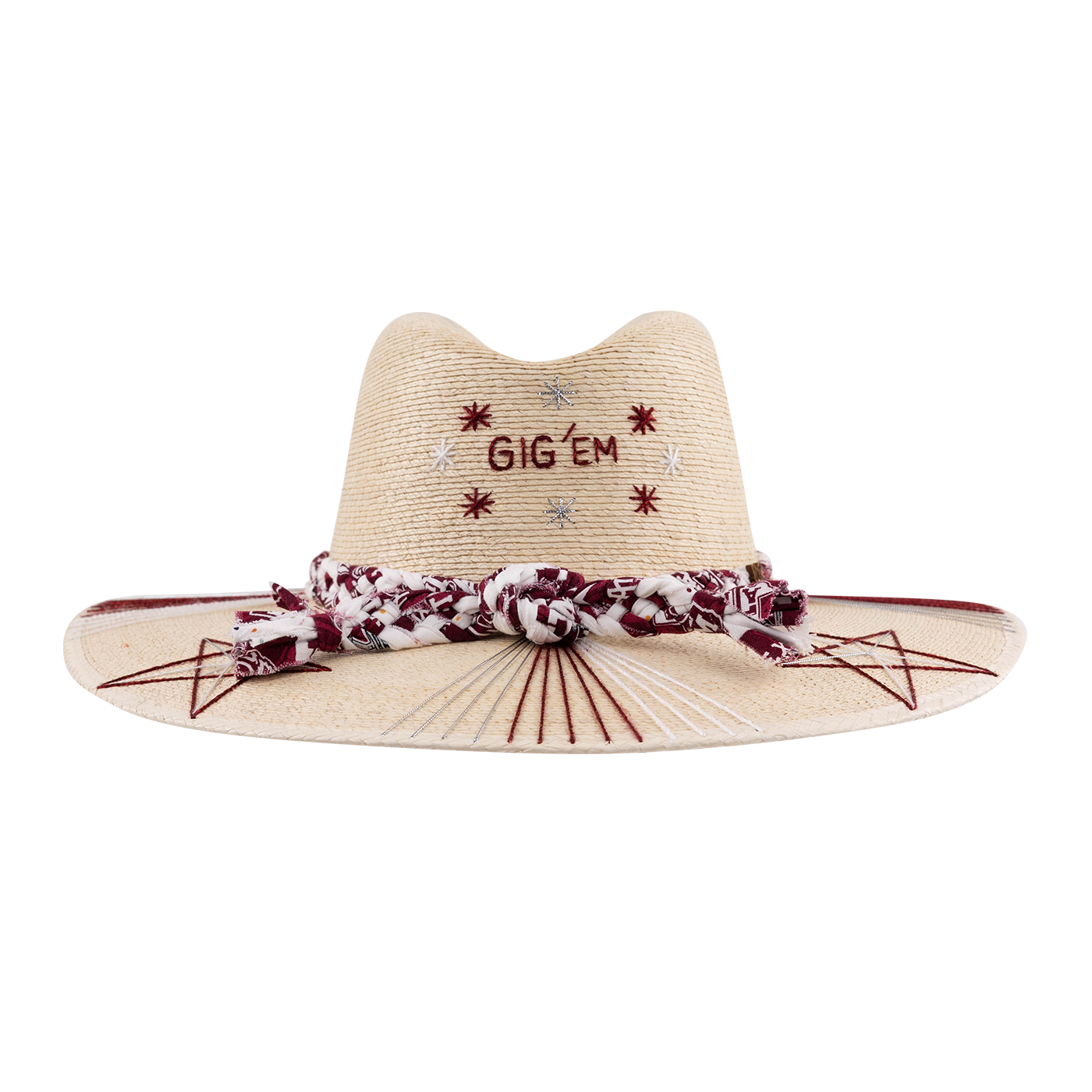 Beige straw hat with 'GIG'EM' text in maroon and a decorative band in maroon and white.