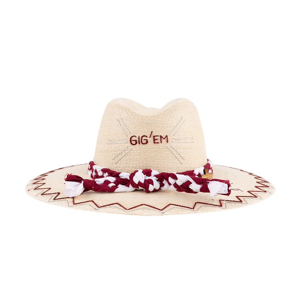 Straw hat with 'GIG'EM' text and red and white patterned band 
