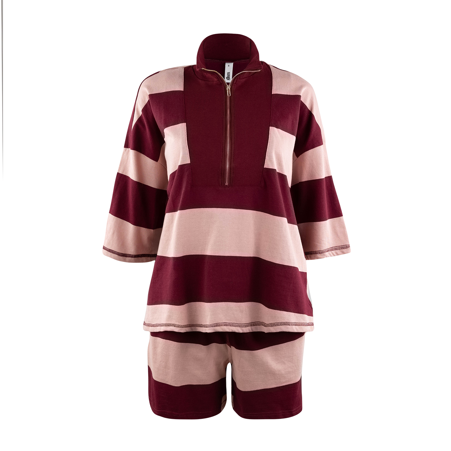 Two-piece striped loungewear set in burgundy and dusty pink, featuring a quarter-zip, mock-neck, three-quarter sleeve top paired with matching striped shorts, displayed against a white background.