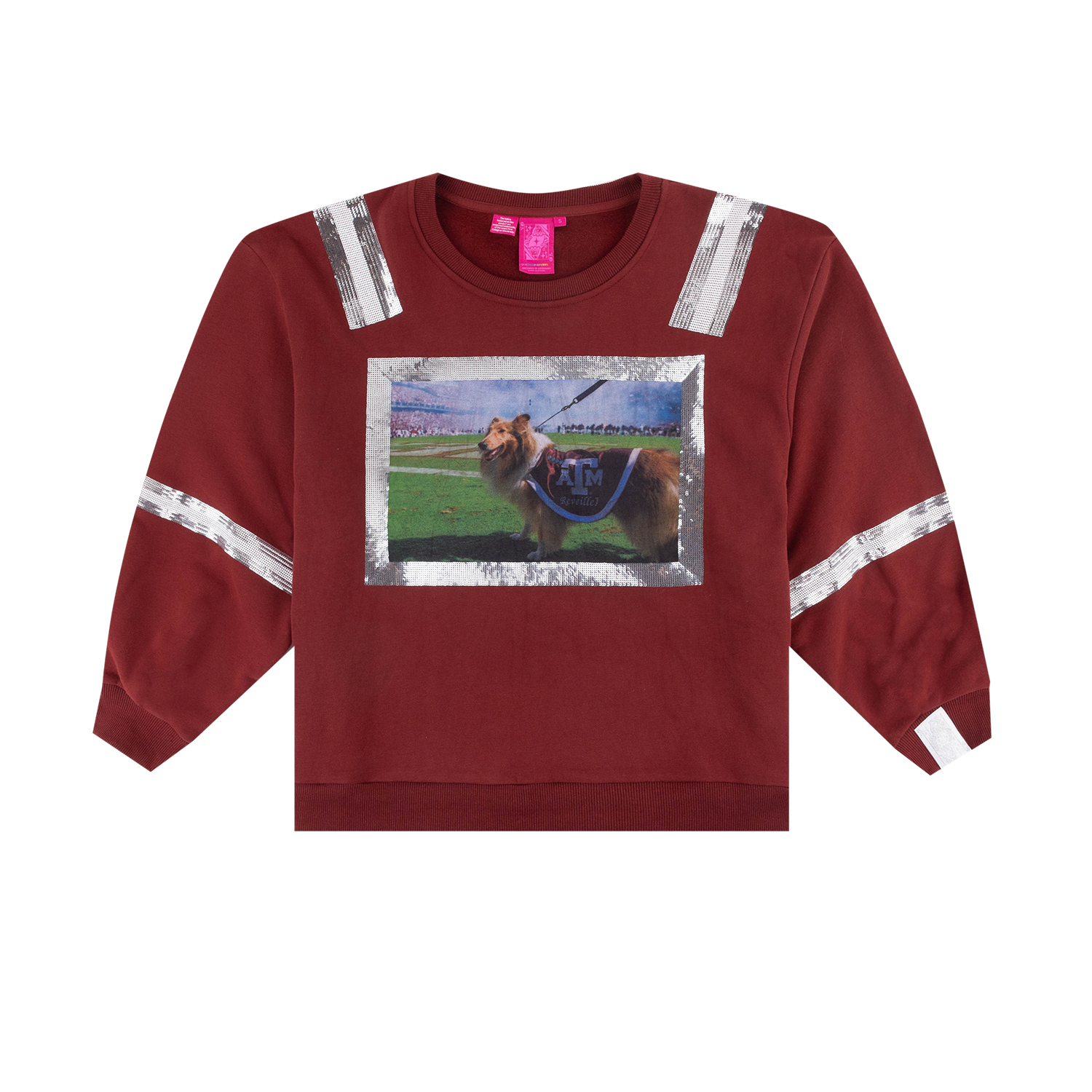 A maroon long-sleeve sweatshirt with silver reflective striping on the shoulders and sleeves, featuring a central graphic print of Reveille on Kyle Field.